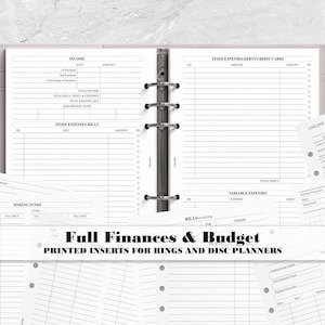 May include: A planner insert set with various financial tracking pages. The pages include sections for income, expenses, bills, and online shopping. The text "Full Finances & Budget" is displayed at the bottom of the image.