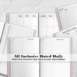 All Inclusive Dated Daily Printed Insert for Travelers Notebook Covers - Dated Day on 1 Page - Dated Monthly Calendar