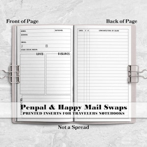 May include: Open notebook with lined pages, held together by silver binder clips. The left page has sections for name, address, email, and social media, with areas for likes and dislikes. The right page is for notes. Text at the bottom reads "Penpal & Happy Mail Swaps".