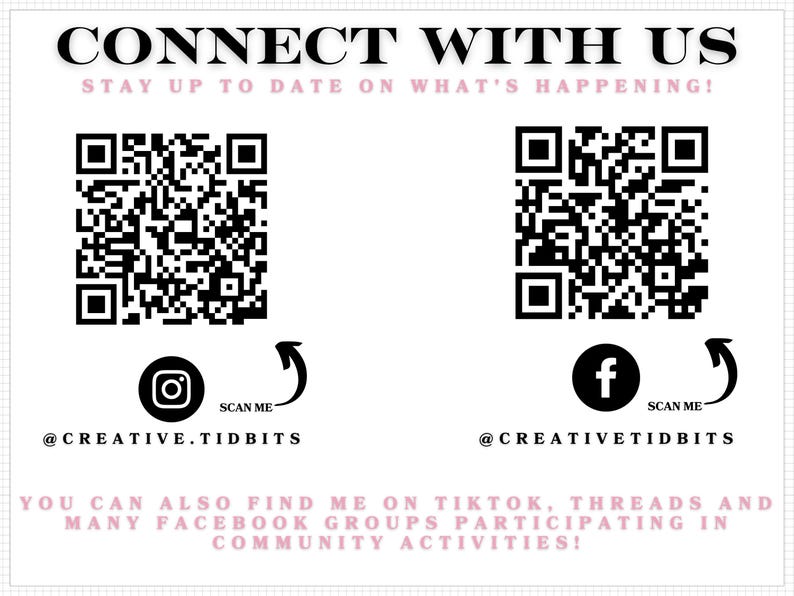a QR code and a social media icon, along with text that encourages users to connect with Creative TidBITS and find them on platforms like Instagram, Twitter, and Facebook.