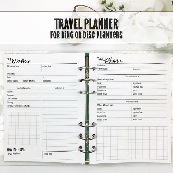 Travel Planner Printed Planner Insert for Ring or Discbound Planners - Printed Planner Insert