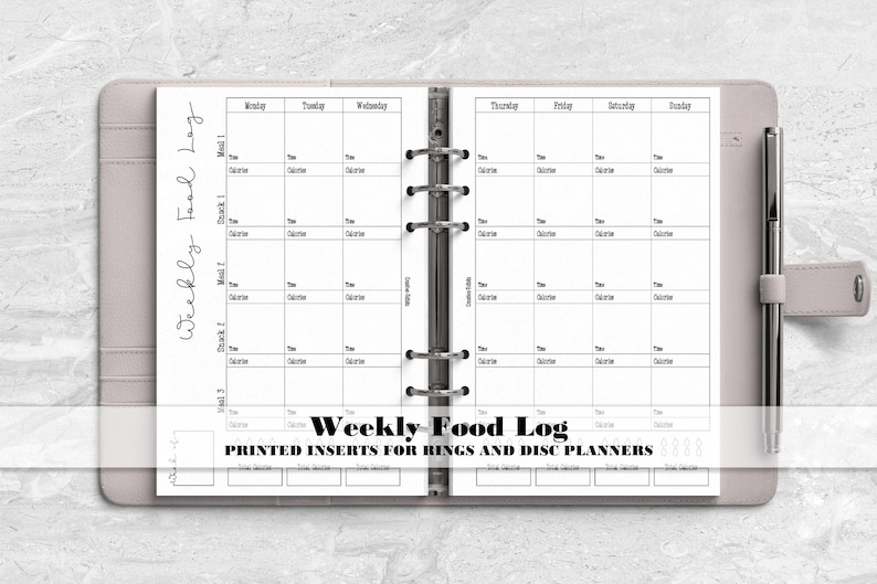 a planner with the words weekly food log printed on it