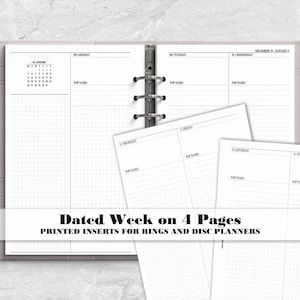 May include: A light gray ring binder planner containing white paper inserts with a weekly layout. The pages feature a grid pattern, daily headers, and a small calendar for January 2024. Text on the image reads: Dated Week on 4 Pages.