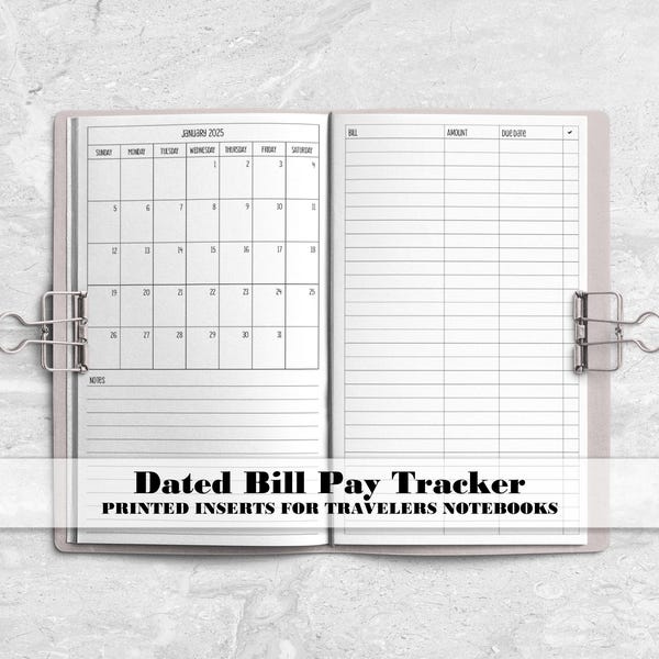 Dated Bills Tracker for Traveler's Notebooks - Printed Travelers Notebook Insert - BT-0004