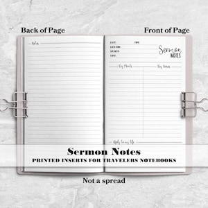 May include: An open notebook with two pages held by metal binder clips. The left page is lined for notes. The right page features fields for date, location, speaker, topic, key points, key verses, and a section labeled Apply to my life.