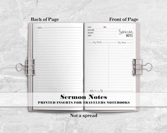 May include: An open notebook with two pages held by metal binder clips. The left page is lined for notes. The right page features fields for date, location, speaker, topic, key points, key verses, and a section labeled Apply to my life.