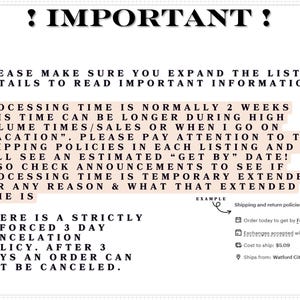 a list of instructions and information about shipping policies, including details about processing times, order policies, and shipping information.