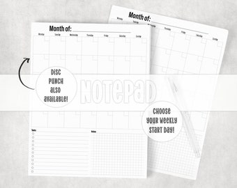 Letter Size Monthly Planner Tear Away Notepad or Punched for Discbound Planner - 24 months
