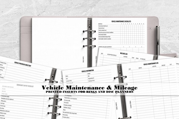 Vehicle Maintenance Log for Ring and Disc Bound Planners - Printed Planner Insert - Mileage Log