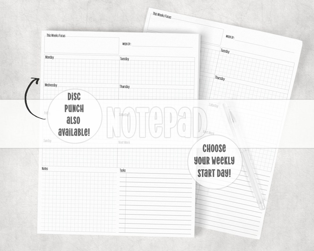 Letter Size Weekly Planner Tear Away Notepad or Punched for Discbound ...