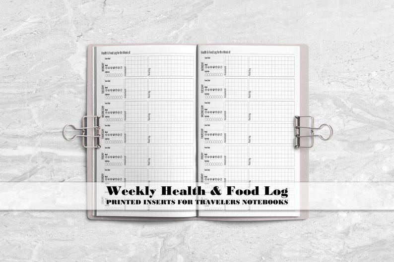 a planner with the words weekly health and food log printed on it