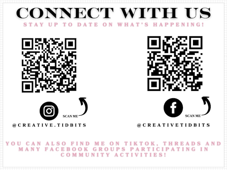 a QR code and a social media icon, along with text that encourages users to connect with Creative TidBITS and find them on platforms like Instagram, Twitter, and Facebook.