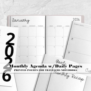Printed Monthly Dated Agenda with Daily Pages for a Traveler's Notebook Cover, Horizontal Weekly Layout