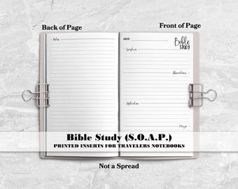 May include: An open notebook with two pages held by silver binder clips. The left page is lined for notes. The right page features printed headers for Bible Study, Scripture, Observations, Application, and Prayer. Text includes Back of Page, Front of Page, Bible Study, and Bible Study (S.O.A.P.) Printed Inserts for Travelers Notebooks, Not a Spread.