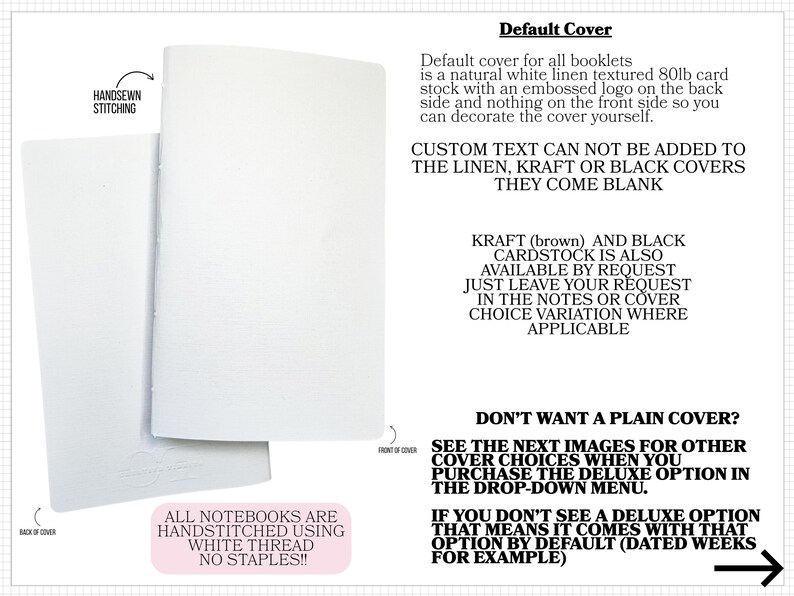 a blank white notebook cover with a plain white texture, available in various sizes and with or without a cover. The cover is blank, allowing for customization of the cover.