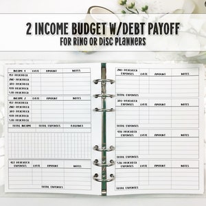 2 Income Budget Insert with Debt Payoff for Ring and Disc Bound Planners Printed Planner Insert image 1