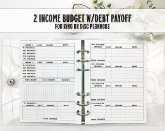 2 Income Budget Insert with Debt Payoff for Ring and Disc Bound Planners - Printed Planner Insert