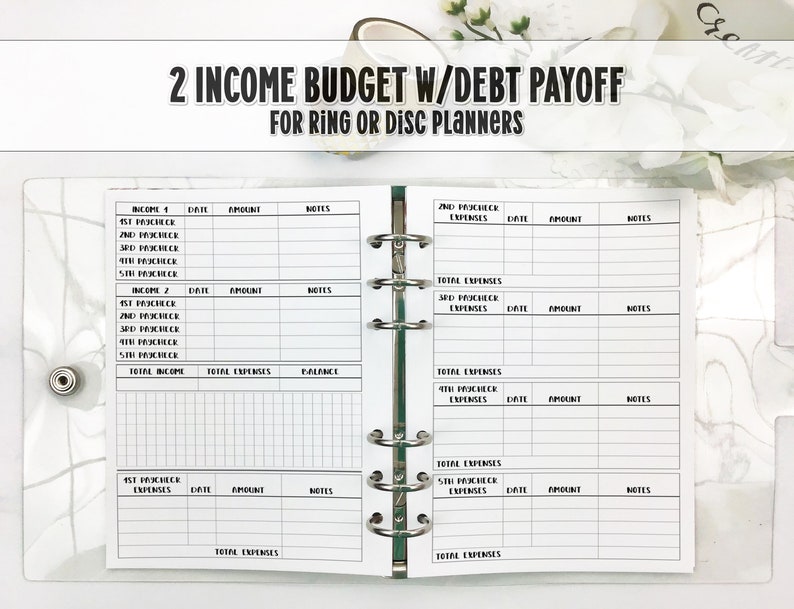 2 Income Budget Insert with Debt Payoff for Ring and Disc Bound Planners Printed Planner Insert image 1