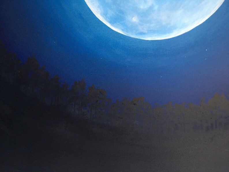 Blue Moon Painting, Celestial Art, Glowing Moon Wall Art, Bright Moon