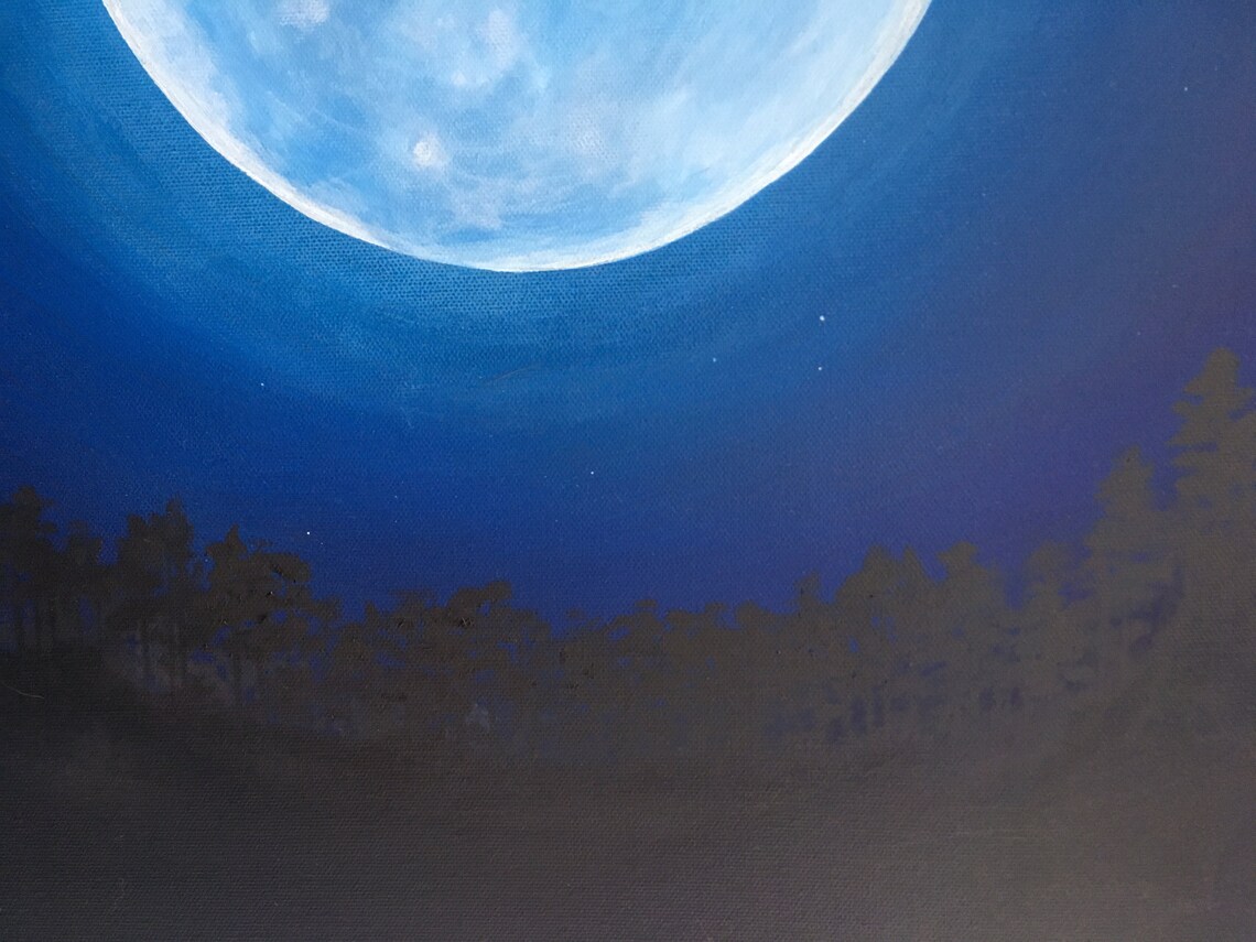 Blue Moon Painting, Celestial Art, Glowing Moon Wall Art, Bright Moon