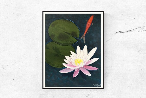 Water Lily Fish Pond Painting Water Lily Decor Water Lily Etsy