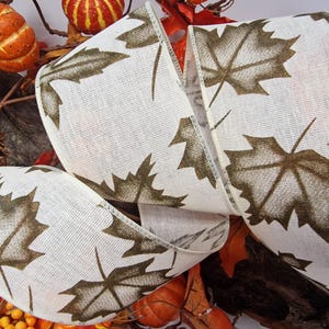 2.5&quot; Wide Maple Leaves Wire Wired Edge Ribbon .  Natural faux linen. Autumn Fall Thanksgiving Trim, Bow  Wreath UK