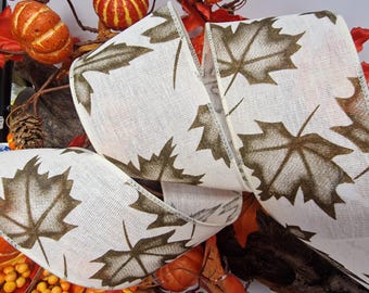 2.5" Wide Maple Leaves Wire Wired Edge Ribbon .  Natural faux linen. Autumn Fall Thanksgiving Trim, Bow  Wreath UK