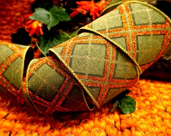 2.5" Wide Green Gold and Orange Burlap Linen Wire Wired Edge Glitter Plaid Tartan Ribbon Harvest Autumn Fall Thanksgiving cake, Trim, Bow UK