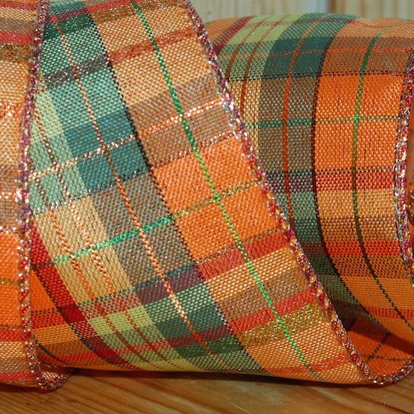 2.5" Wide Green Copper Rust Tartan Plaid Ribbon Wire Wired Edge Ribbon Hessian, Burlap, Orange Pumpkin, Thanksgiving cake, UK  French Ribbon