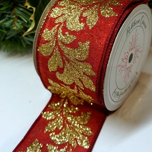 Bedraad bordeauxrood en goud glitter barok blad lint met draadrand 2,5" breed bruiloften, ambachtelijke kerstkrans VK
