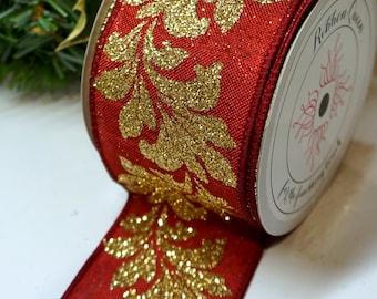 Wired Burgundy Red and Gold Glitter Baroque Leaf Wire Edged Ribbon 2.5&quot; wide Weddings, Christmas  craft Wreath UK