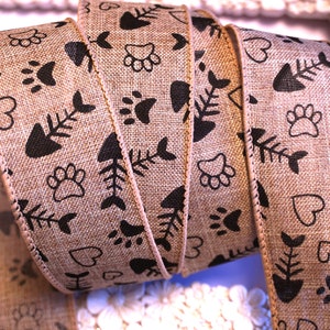 Wired Wire Edged Ribbon Pet Cat Fish, Paw, Heart Natural Beige, 1.5 » Large, I love my Cat, Wreath, Bow, Gift< Cake