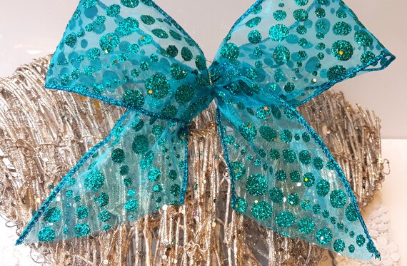 Wired Wire Edge Christmas Ribbon Teal Blue Glitter Spot 2.5/" wide x 3m Bows cake