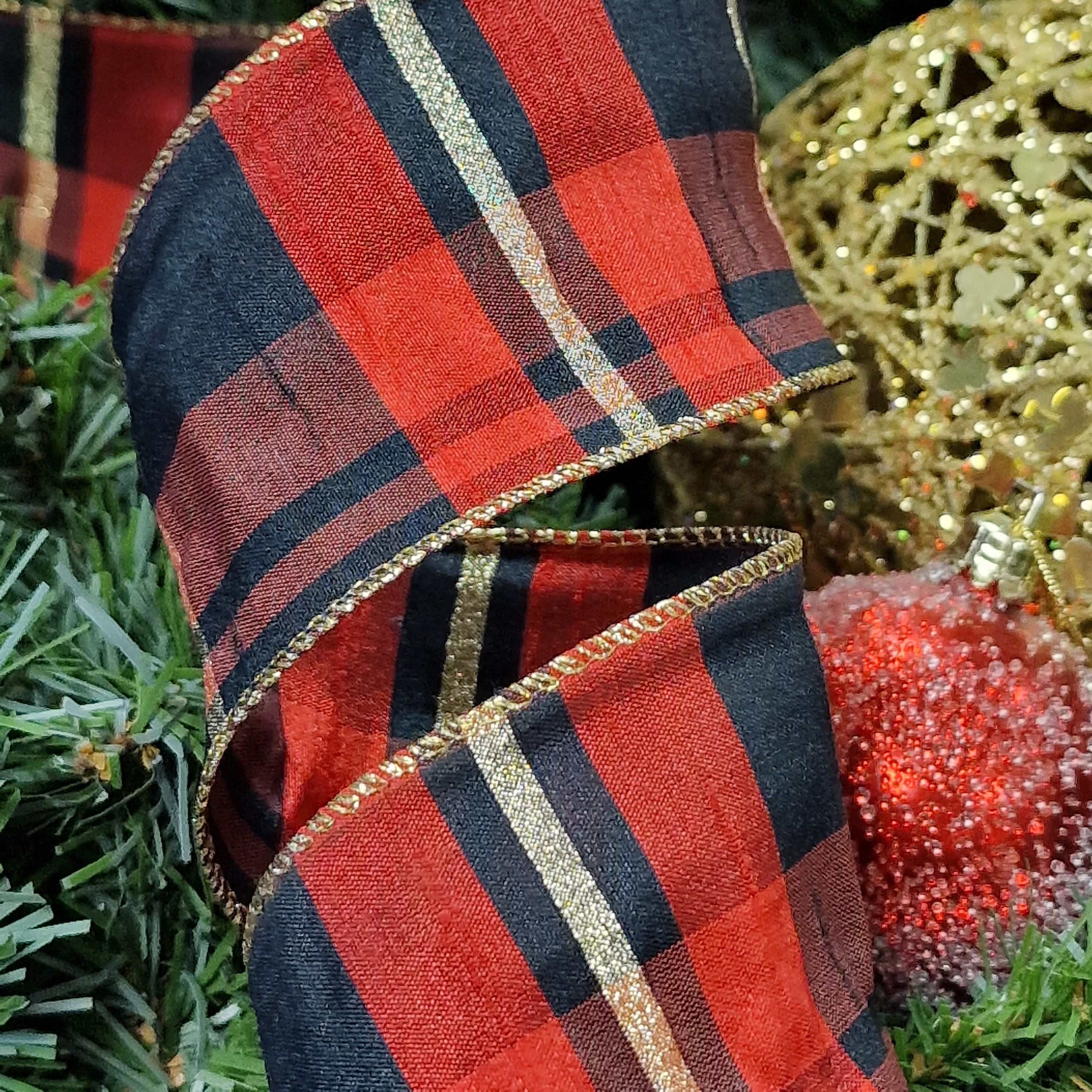 Acottish Ribbon Faux Silk Taffeta Wired Wire Edge Tartan Plaid Scottish Ribbon, Red ...