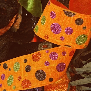 2.5&quot;  Orange Burlap with Glittery Spots  Wire Wired Edge  Ribbon Harvest Autumn Fall Thanksgiving  Halloween cake, Wreath Trim, Bow UK