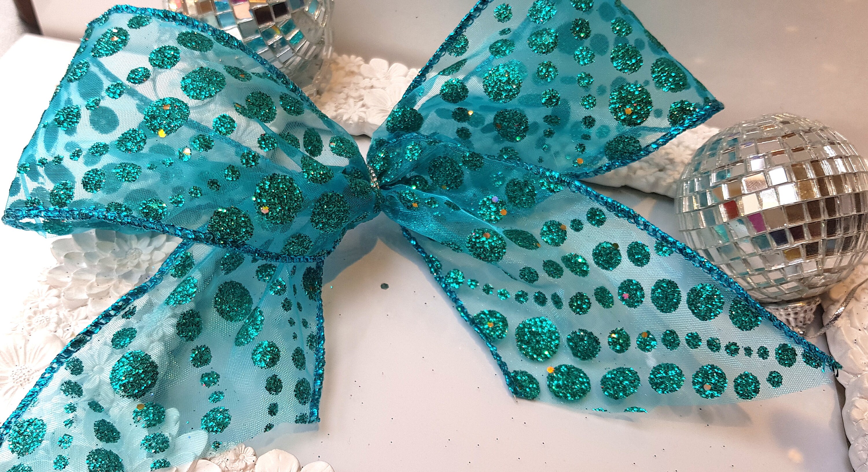 RIBBON QUEEN Teal Peacock Blue Organza With Cascading Glitter Etsy