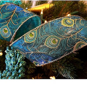 Ruban Queen Wire bordé de plumes de paon, fausse soie, ruban bleu-vert 2,5 po. de large, mariages, artisanat de Noël, ruban britannique, garniture, fournitures de couture