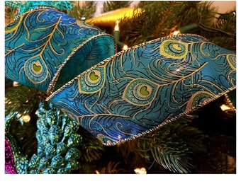Ribbon Queen Wire Edged Peacock Feather Faux Silk Blue Green Ribbon 2.5&quot; wide Weddings, Christmas  craft , uk ribbon, trim, sewing supplies