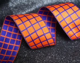Orange and Royal Blue Woven Jacquard  Check Plaid Wired Wire Edged Ribbon, 3m x  1.5" wide  Gifts Wreath,  craft uk ribbon, trim