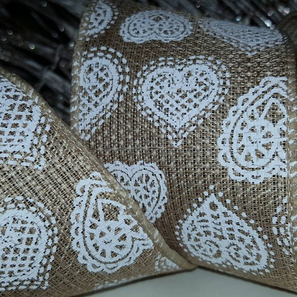 Lace  Hearts Valentine Wedding Wired Wire edge Burlap Hessian  Ribbon, 2.5" wide, craft trim, sewing cake ribbon, Christmas, Valentines