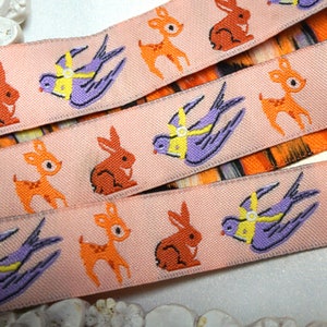 Rosa Vintage-Stil Kinderzimmer Tiere Jacquard 15mm (1/2 ") gewebtes besticktes Band Zierband, Kaninchen, Hirsche, Bluebirds UK Nähen