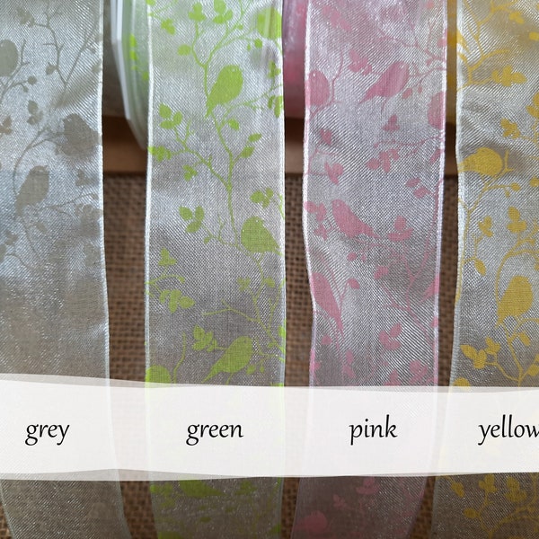 1.5" 38mm Floral Birds Chiffon Organza Wire Edge Ribbon | Pink Yellow Green Grey