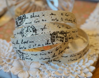 Vintage Script Postmark  Print Golden Cotton Ribbon, 15mm wide *Sold Per Metre* Gifts Wedding Christmas