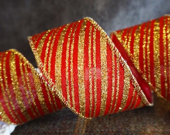 Rote Sackleinen Leinen mit Gold Glitter Streifen 2,5" breite Draht Rand Band Weihnachten Geburtstag Partys Tinsel Bögen UK Verkäufer