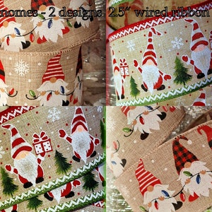 Gnomes 2.5" Wide Wire Edge Wired Christmas Burlap 2 Designs Ribbon Glitter Tinsel Bows Trees Jute, Hessian Wreath UK vendeur