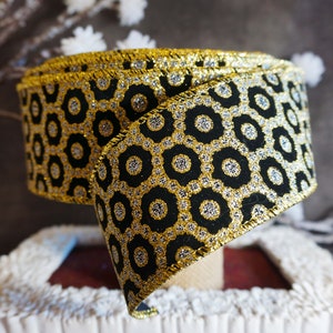 Luxe zwart fluweel met gouden glitter art-decodiamanten 2,5" breed lint met draadrand en bedrade rand Kerstfeestjes Decor viering