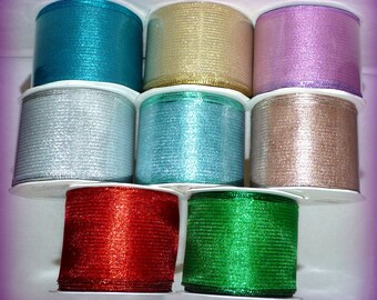 2m Metallic Stripe Organza Wire Wired Edge Ribbon.  3" wide (63mm) Rose Gold, Red.Green, Silver Blue Aqua Ice Christmas Wedding Bows Cakes