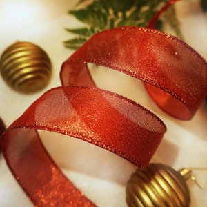 French Wire Edged Wired edge Red Metallic Lustre Organza Ribbon, 1.5" wide  Christmas, Gifts Wreathes, craft uk ribbon, trim, Weddings