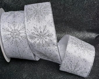 2.5&quot; Wide Wire Edge Wired  Satin Ribbon Silver Glitter Snowflake  Christmas  Vintage Bows Trim Floral Tree Wreath UK Seller