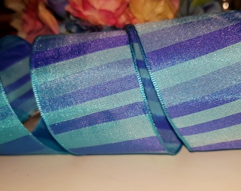 French Blue Stripe Wired Wire edge Ribbon, 1.5" wide Wedding ,Bridal, craft , trim, sewing supplies, cake ribbon,